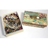 A box of costume jewellery and decoupage decorated cash box