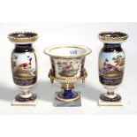 A Chamberlain Worcester bird painted campana shaped vase and a pair of bird painted vases