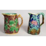 Minton Majolica acorn moulded jug, impressed factory marks; and a Continental Majolica jug (2)