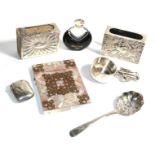 Two silver match box holders; a mother-of-pearl card case and four other items (7)