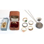 Seven assorted gem and paste set rings (four with re-sizing adjusters present) (a.f.) and a coin
