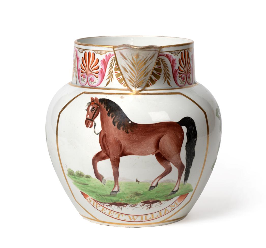 A Pearlware Jug, circa 1830, of baluster form, painted with a horse titled SWEET WILLIAM flanked