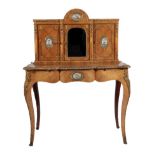 ~ A French Louis XV Style Tulipwood, Kingwood, Burr Walnut and Gilt Metal Mounted Bonheur de Jour,