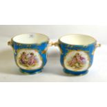 ~ A Pair of Sevres Style Porcelain Cache Pots, late 19th century, with scroll handles, painted