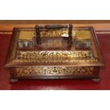 ^ A Fine Regency Rosewood and Brass Inlaid Inkstand, possibly by Gillows, with turned carrying