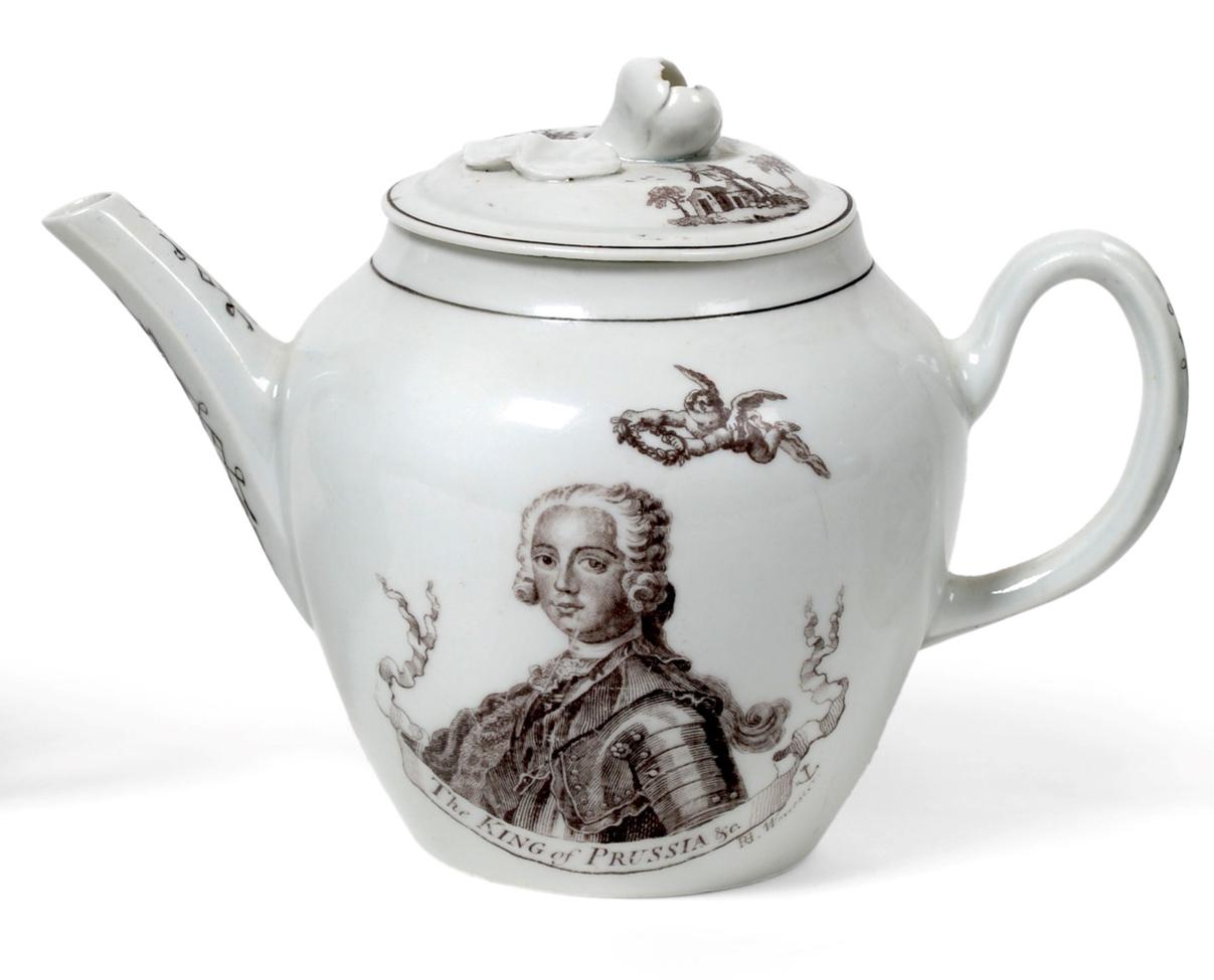 A Worcester Porcelain Teapot and A Cover, circa 1760, printed in black with the King of Prussia No.3