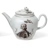 A Worcester Porcelain Teapot and A Cover, circa 1760, printed in black with the King of Prussia No.3