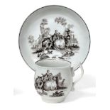 A Worcester Porcelain Bell Shaped Cup and Saucer, circa 1760, with wishbone handle, printed in black