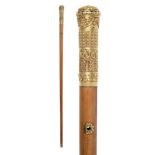 A George III Gold Mounted Malacca Walking Cane, the handle with bands of classical foliate ornament,