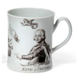 A Worcester Porcelain Cylindrical Mug, circa 1757, printed in black with the King of Prussia No.2