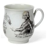 A Worcester Porcelain Bell Shaped Mug, circa 1757, printed in black with the King of Prussia No.2