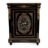 A French Pietre Dure Ebonised and Gilt Metal Mounted Side Cabinet,Circa 1850, of inverted breakfront