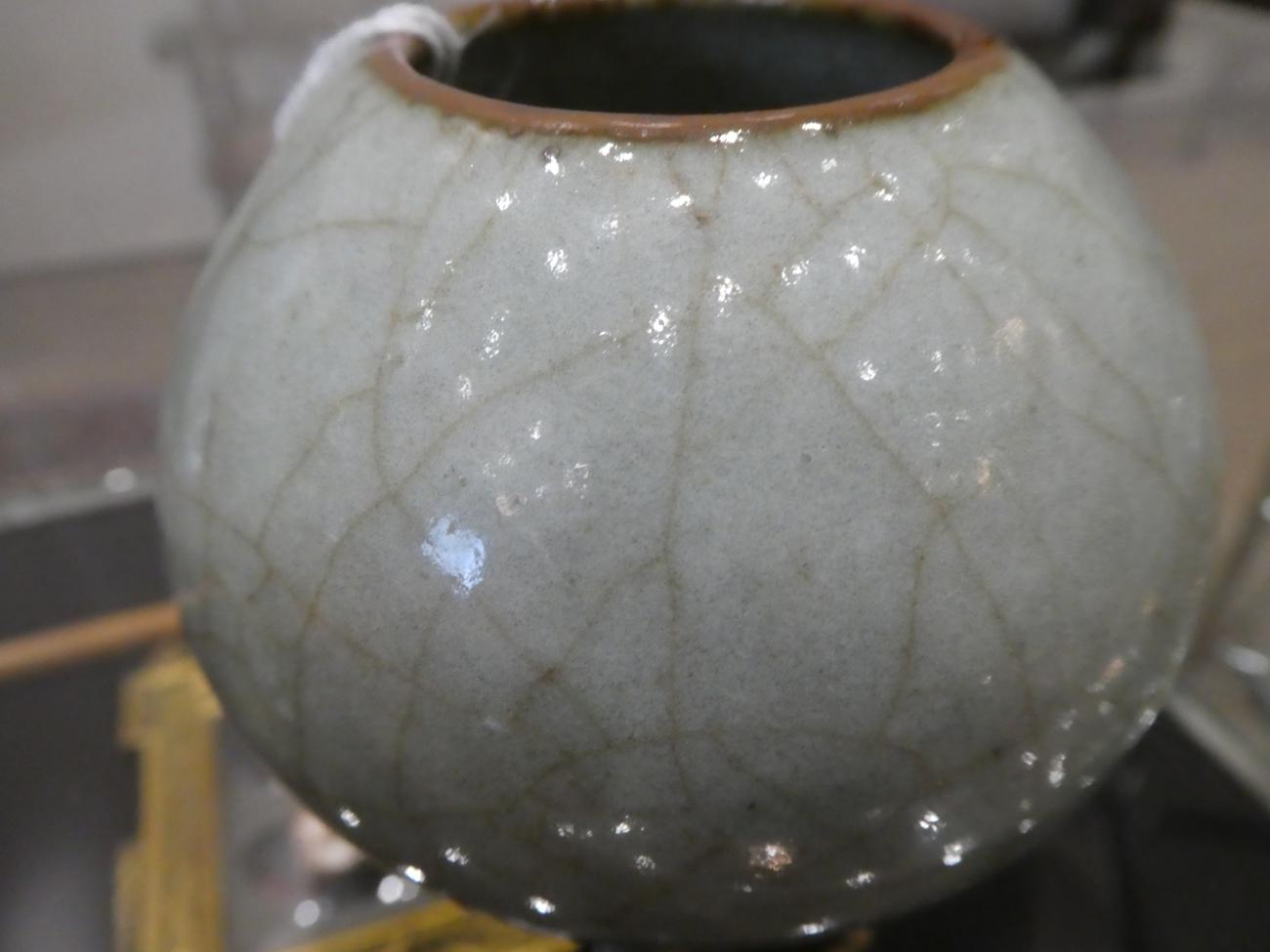 A Chinese Guan Type Lotus Bud Water Pot, Qing Dynasty, with allover crackling to the glaze, 7cm high - Image 4 of 10