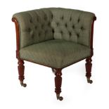 ^ A Mahogany Corner Chair, attributed to Gillows, numbered 336, mid 19th century, recovered in green