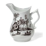 A Worcester Porcelain Pear Shaped Cream Jug, circa 1756, with wishbone handle, printed in black with