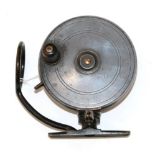 A Malloch's Patent, 4 in. alloy sidecaster reel, horn handle, smooth brass foot and line guide,