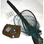 A collection of fishing tackle and accessories, including two alloy-framed fixed head landing