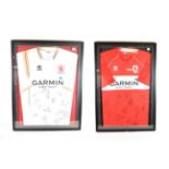 Middlesbrough Two Signed Football Shirts one red, one white each with various autographs (both