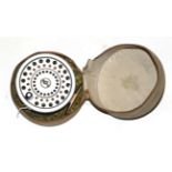 A Hardy Marquis Salmon No.2 alloy fly reel, original padded case. Overall wear and scratching,