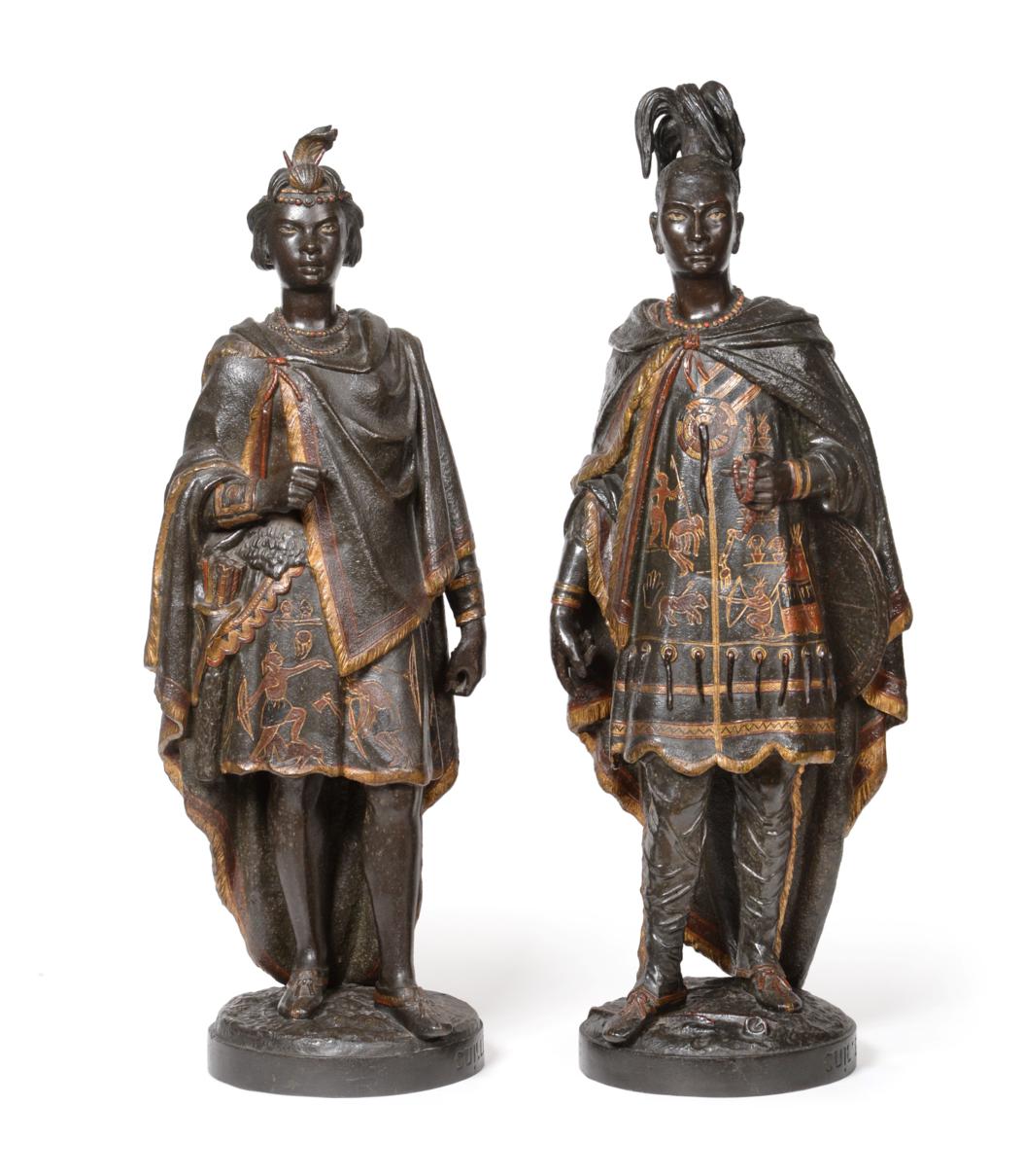 After Emile Coriolan Hippolyte Guillemin, A Pair of Cold Painted Spelter Figures of Native