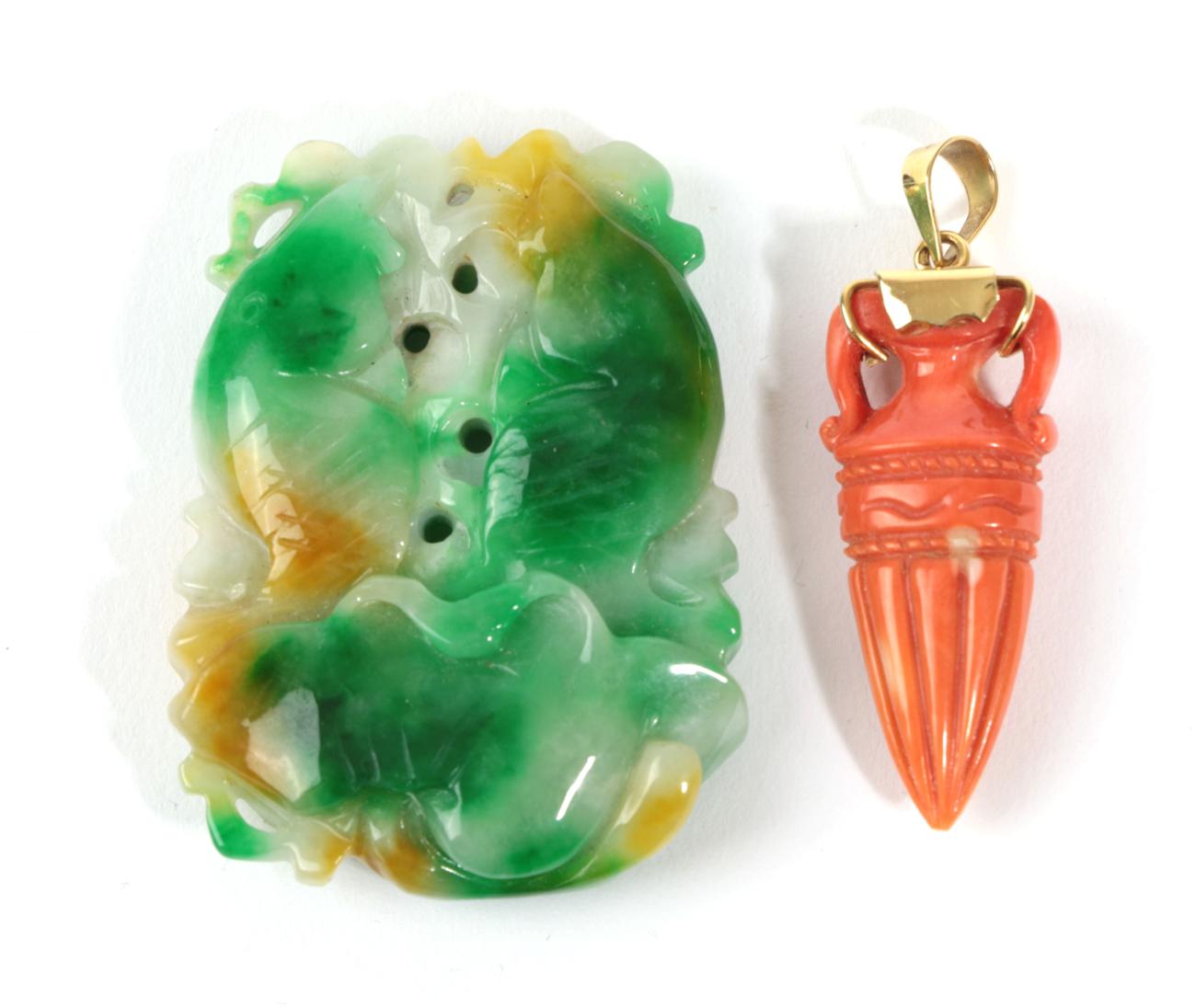 A Coral Pendant, the drop carved as an urn, the mount with French control marks, drop length 4.