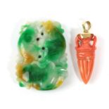 A Coral Pendant, the drop carved as an urn, the mount with French control marks, drop length 4.