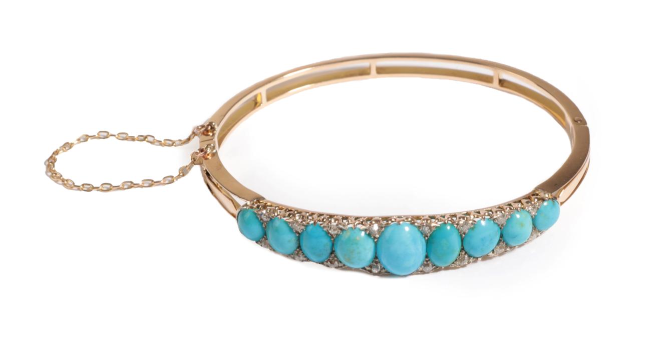 A Victorian Turquoise and Diamond Bangle, graduated oval cabochon turquoise with pairs of rose cut