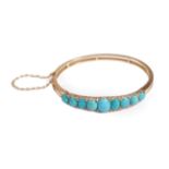 A Victorian Turquoise and Diamond Bangle, graduated oval cabochon turquoise with pairs of rose cut