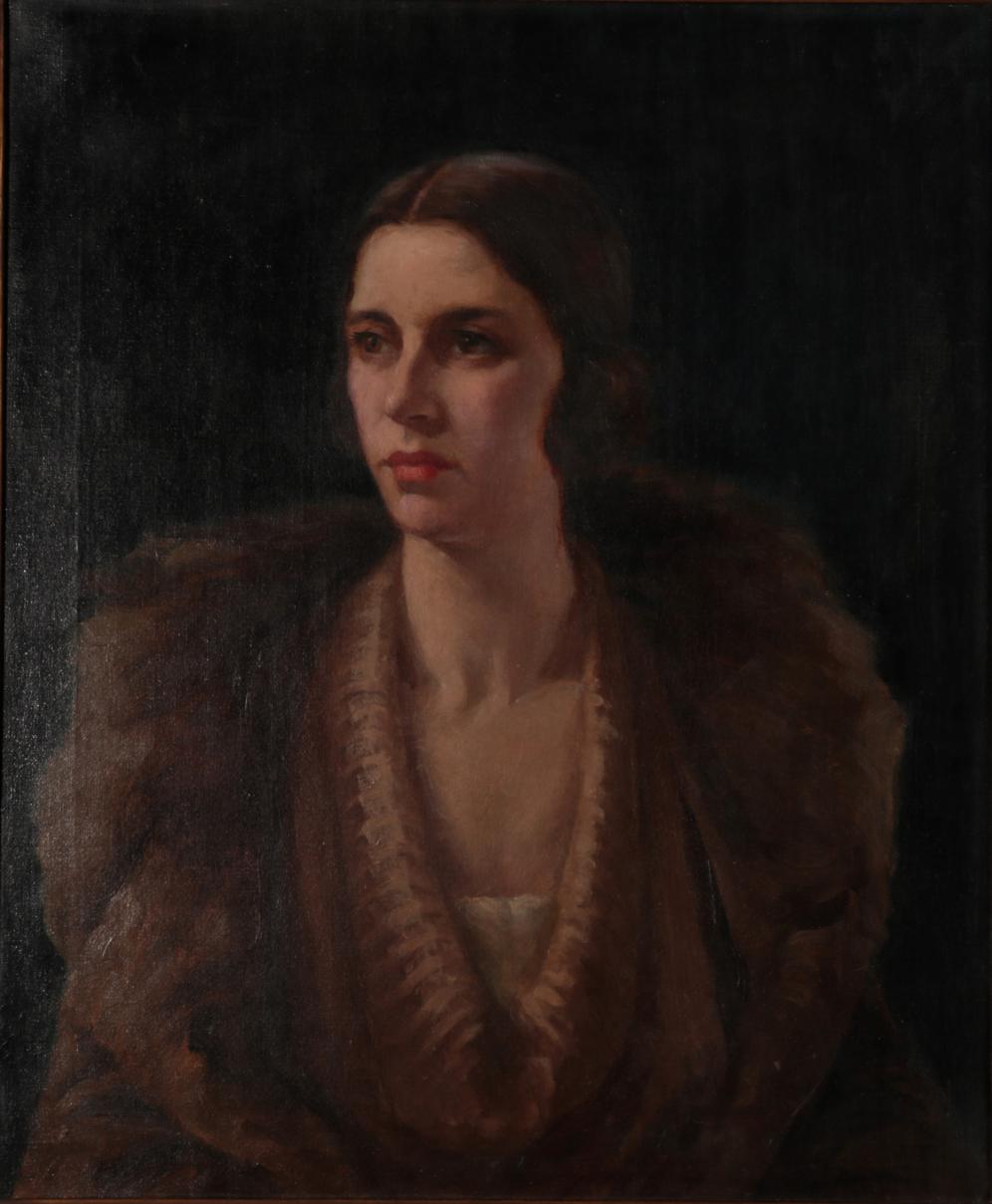 English School (early 20th century) Portrait of an elegant lady in a fur trimmed coat Oil on canvas,