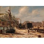 {} Ciquille Müller (19th century) Harbour scene with timber wagons Signed and dated 1877, oil on