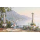 M Gianni (19th/20th century) ''On the Terrace Above the Bay'' Signed, gouache, 30cm by 48cm