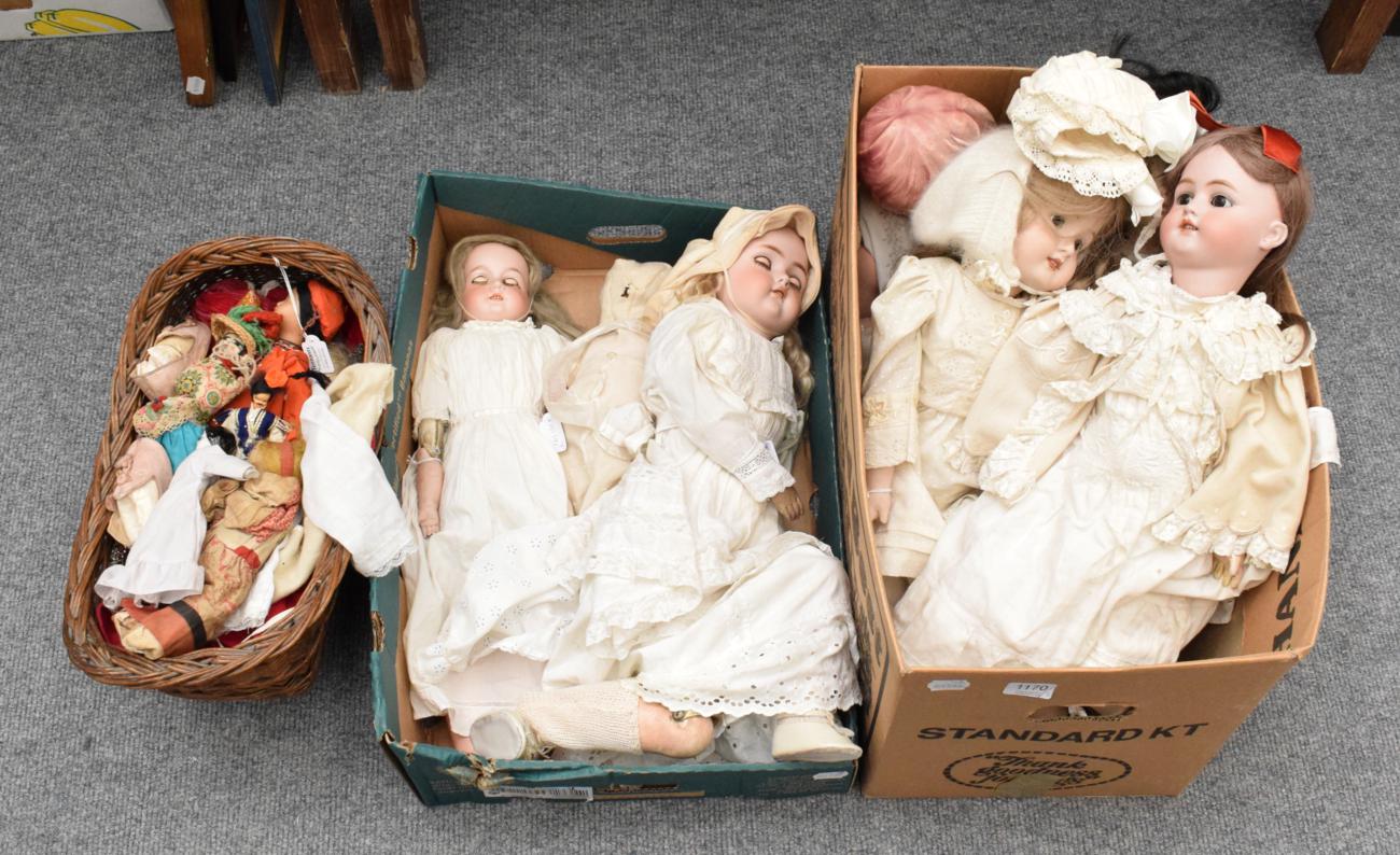 Assorted dolls including an Armand Marseille 370 bisque shoulder head doll, on jointed kid leather