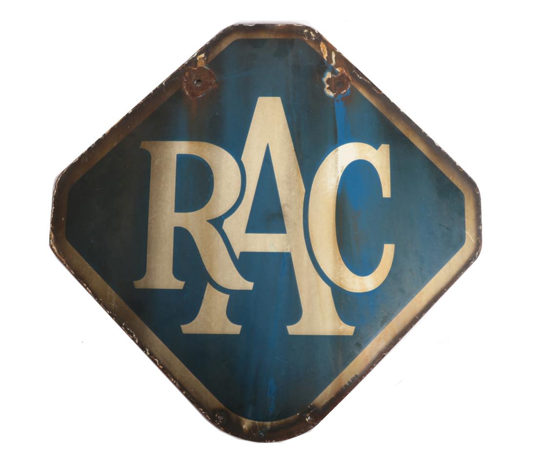 An RAC Double-Sided Enamel Advertising Sign, with white lettering and border on a blue ground,