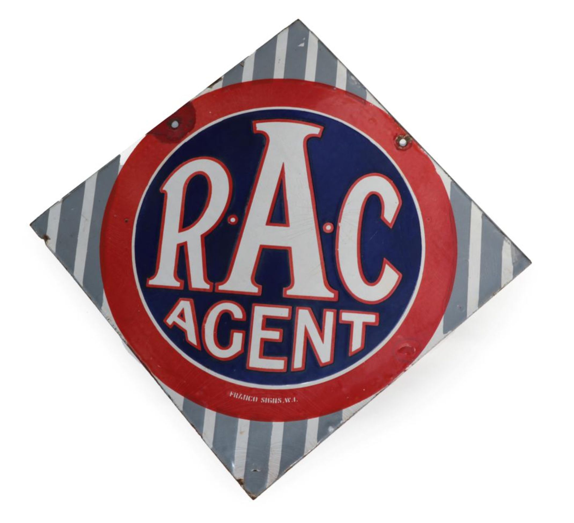 A Double-Sided Enamel Advertising Sign, RAC AGENT, with white and red lettering on a blue ground,