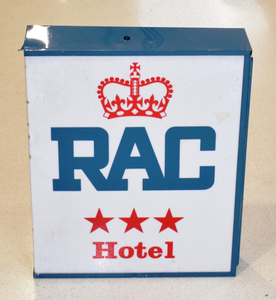 An RAC Perspex and Metal Cased Double-Sided Illuminated Hotel Sign, 66cm by 56cm by 14cm Provenance: