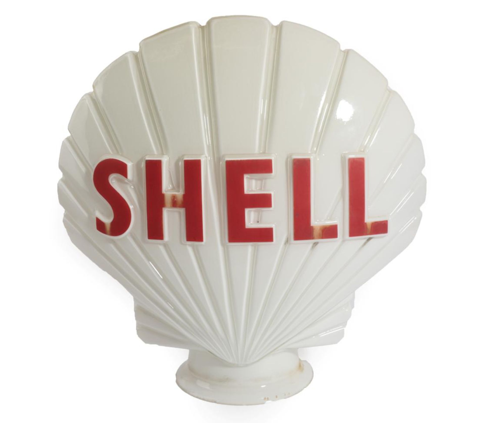 A Shell Opaque Glass Petrol Pump Globe, with red lettering, the base printed Hailware, British Made,