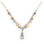 An Aquamarine, Pearl and Ruby Necklace, with ruby and split pearl floral cluster alternating with