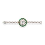 A Diamond and Emerald Bar Brooch, an old cut diamond in a white millegrain setting, spaced to a