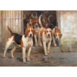 John Sanderson Wells RBA, RI (1872-1955) Hounds at the door Signed, oil on canvas, 26.5cm by 37cm