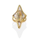 An 18 Carat Gold Opal and Diamond Ring, an oval cabochon opal within a diamond shaped surround,