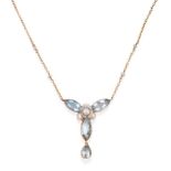 An Early 20th Century Aquamarine and Pearl Pendant Necklace, a trefoil cluster comprising a half