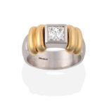 A Contemporary Platinum Diamond Solitaire Ring, the princess cut diamond in a rubbed over setting,
