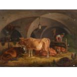 Johann Adam Klein (1792-1875) German Barn with cattle, chickens, rooster and farmhand Signed
