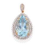 An Aquamarine and Diamond Cluster Pendant, a pear cut aquamarine in four double yellow claw