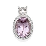 A Kunzite and Diamond Pendant, the oval cut kunzite in a white rubbed over setting within a border