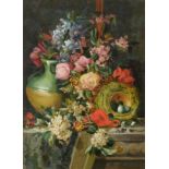 British School (19th century) Still life with roses and bird's nest Signed with initials and dated