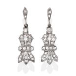 A Pair of Diamond Drop Earrings, the panels of bow-like form set with eight-cut diamonds, total