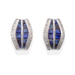 A Pair of Sapphire and Diamond Earrings, rounded lozenge shaped plaques with two rows of calibré cut