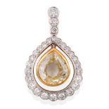 A Yellow and White Diamond Cluster Pendant, a pear cut yellow diamond in a yellow rubbed over