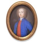 ~ Manner of Jean-Etienne Liotard (1702-1789) Swiss Portrait of a gentleman in a blue coat and red